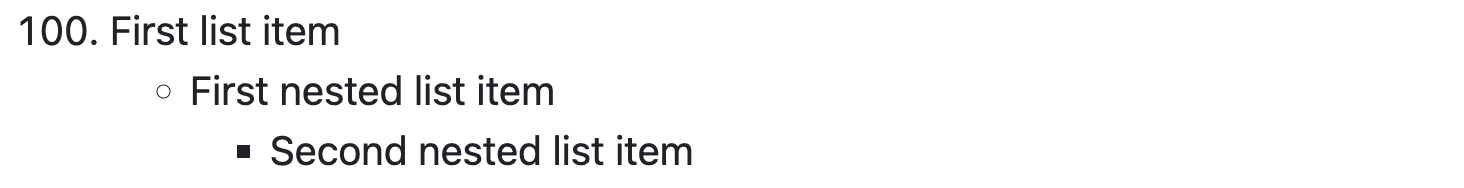 Capture d’écran du rendu GitHub Markdown montrant un élément numéroté précédé par le nombre 100 suivi de puces à deux niveaux différents d’imbrication.