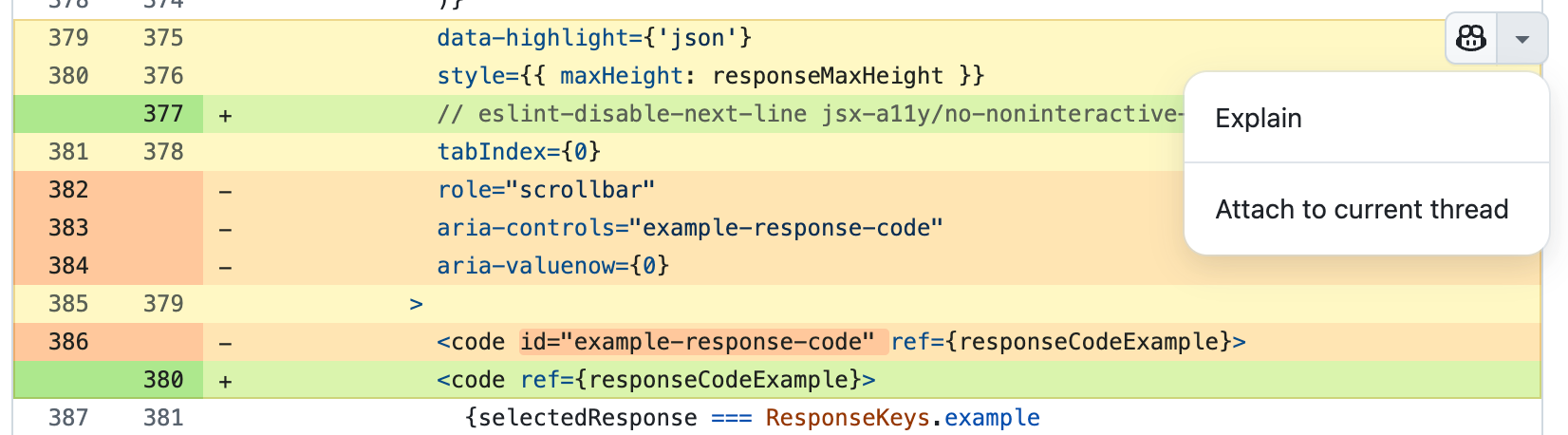 Screenshot: Registerkarte „files changed“ eines Pull Request. Mehrere Zeilen sind hervorgehoben, und eine Option „Explain“ wird in einem Dropdownmenü angezeigt.