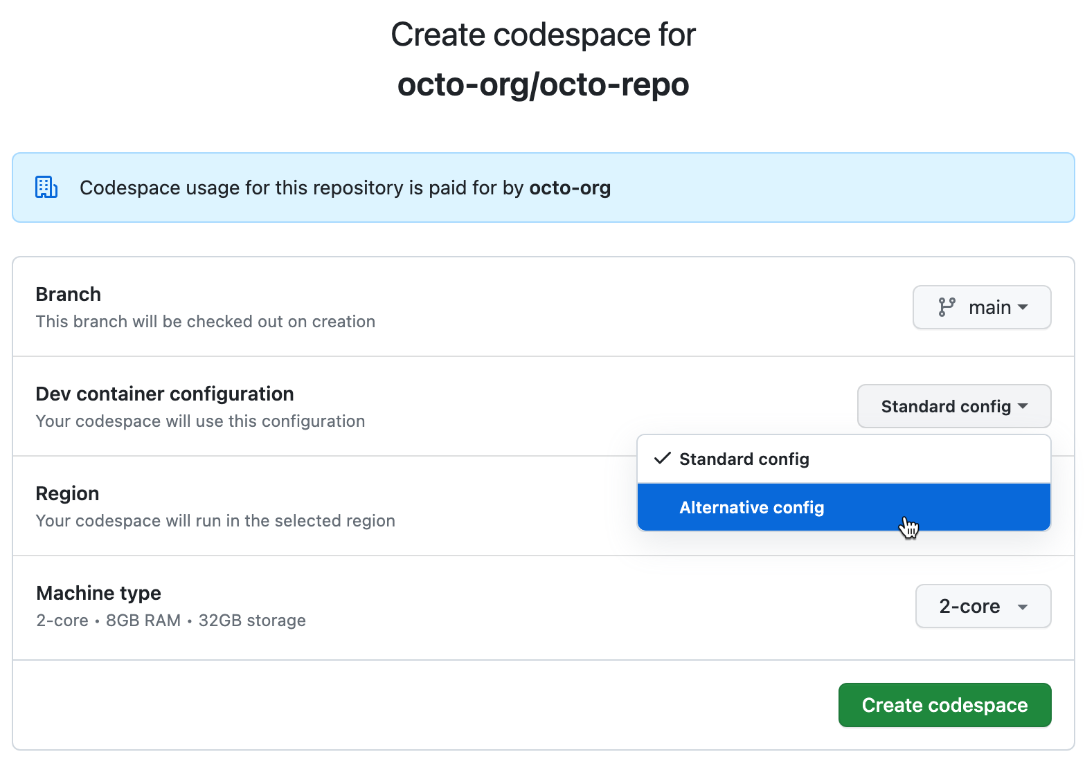 Codespace 创建选项页面的屏幕截图,其中显示了列出配置文件选择的下拉列表。