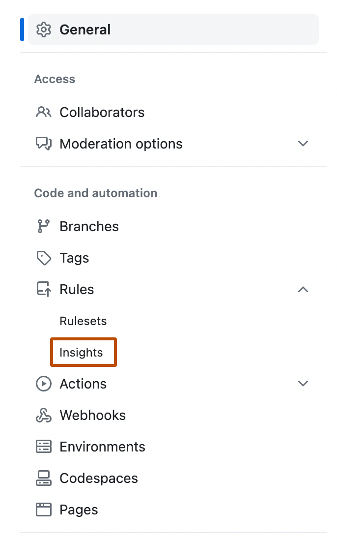 Screenshot: Randleiste der Seite „Einstellungen“ für ein Repository Das Untermenü „Regeln“ ist erweitert, und die Option „Erkenntnisse“ ist orange umrandet.
