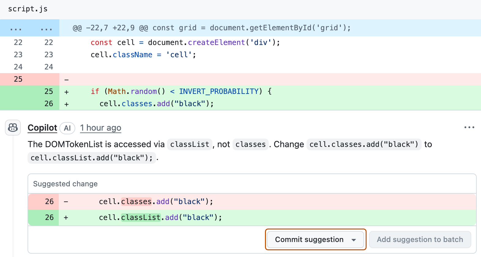 GitHub Copilot 建议更改的屏幕截图。 “提交建议”按钮以橙色边框突出显示。