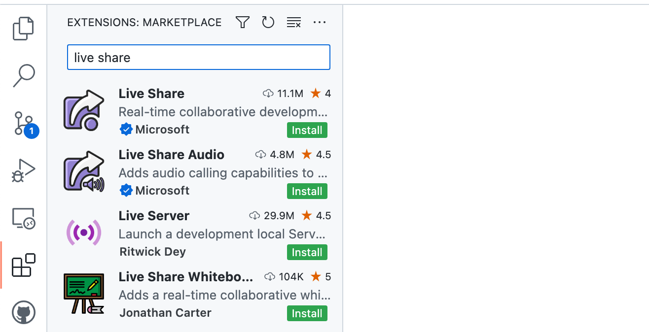 Screenshot der Seitenleiste „Erweiterungen: Marketplace“, in deren Suchfeld „live share“ eingegeben wurde. „Live Share“ ist der erste Eintrag in der Liste der Erweiterungen.