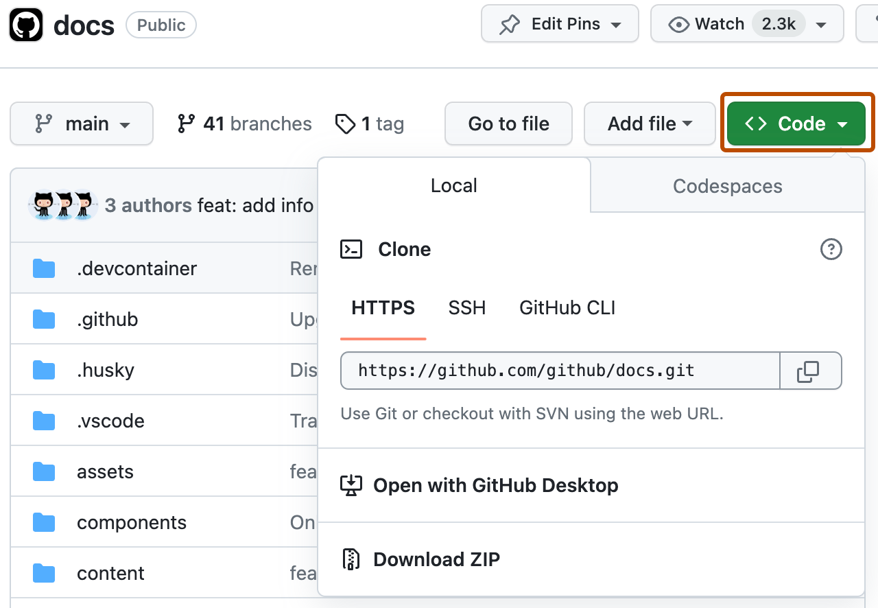 Screenshot der Hauptseite eines Repositorys. Die grüne Schaltfläche „Code“ ist orange umrandet und erweitert, um die HTTPS-URL für das Repository anzuzeigen.