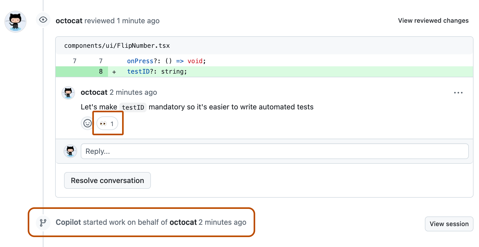 Screenshot der Zeitachse einer Pull-Anforderung mit einem Überprüfungskommentar und dem Augen-Emoji als Reaktion sowie dem Ereignis „Copilot started work“ in der Zeitachse