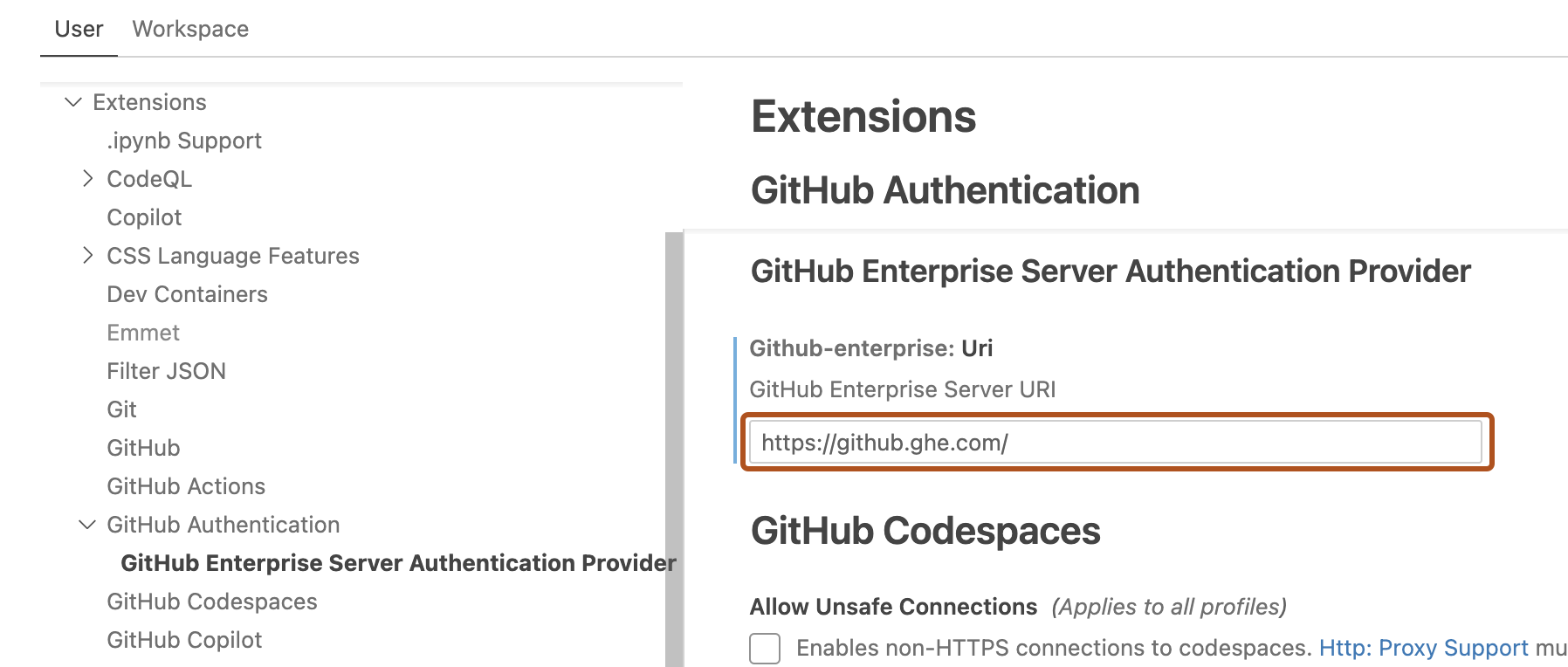 Capture d’écran des paramètres « Extensions » pour « Authentification GitHub », le champ URI est décrit en orange foncé.