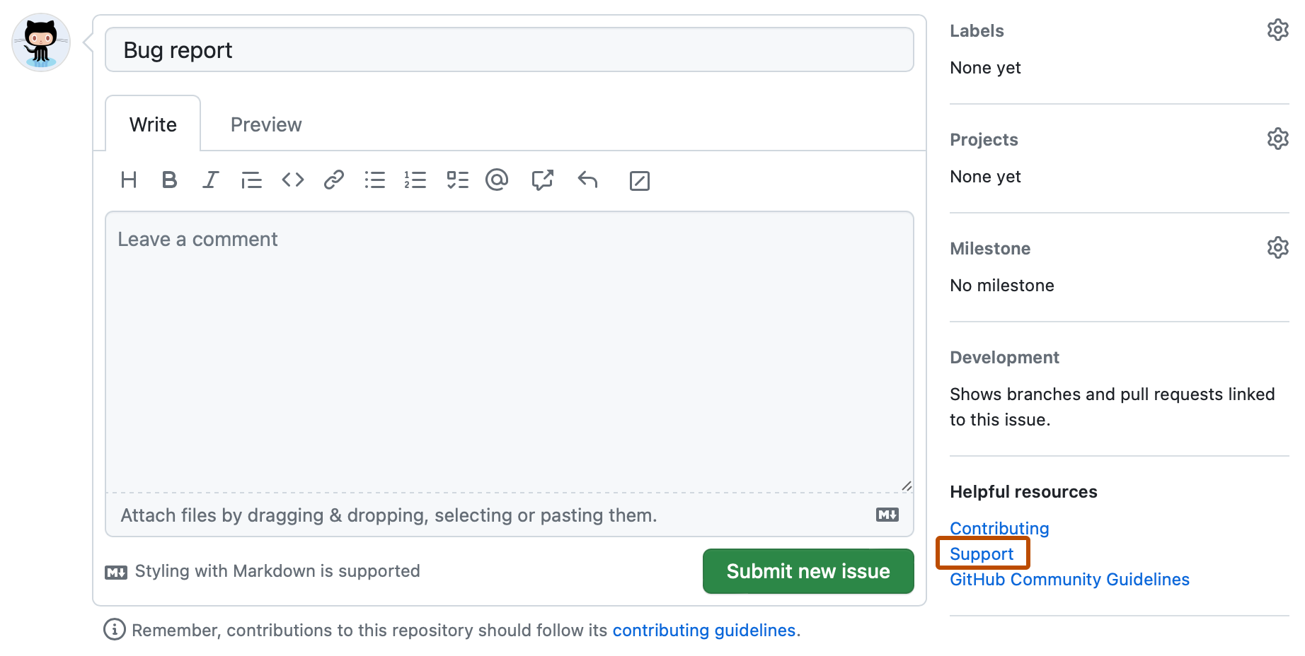 Screenshot des neuen Issue-Formulars. Auf der rechten Randleiste im Abschnitt „Nützliche Ressourcen“ ist ein Link mit der Bezeichnung „Support“ dunkelorange umrandet.