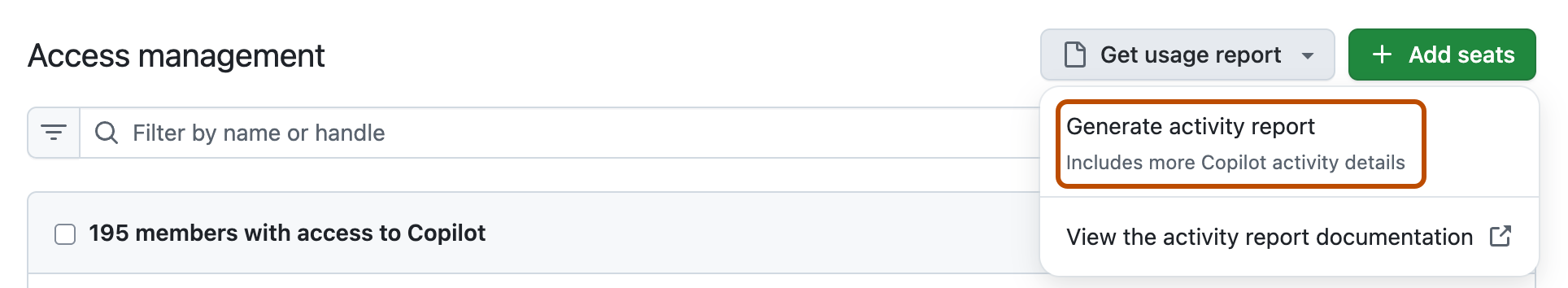 Captura de tela da página "Access". O botão "Get activity report" está realçado com um contorno laranja.