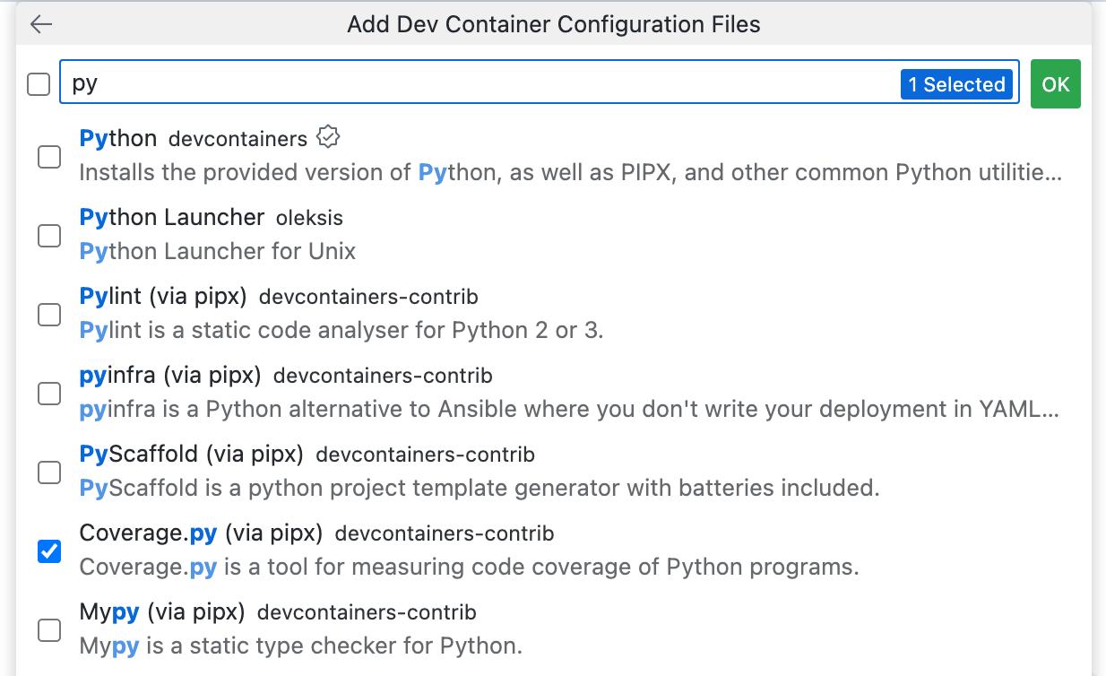 Screenshot des Dropdownmenüs „Entwicklungscontainer-Konfigurationsdateien hinzufügen“ mit ausgewählter Datei „Coverage.py“.