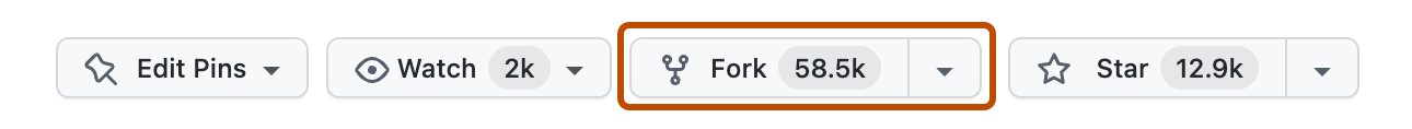 GitHub リポジトリの 4 つのオプション メニューのスクリーンショット。 "フォーク"というラベルが付いたメニューには、フォークの総数が58.5kと表示され、濃いオレンジ色で表示されています。