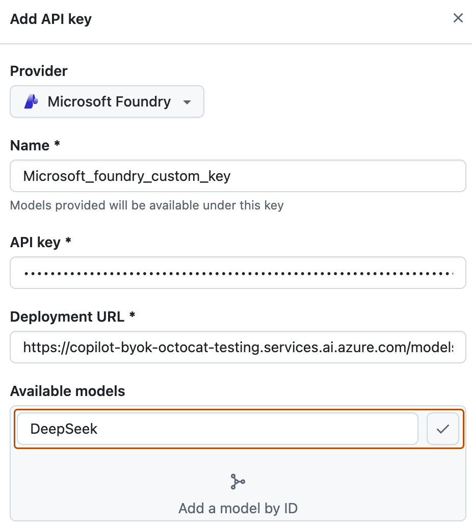 Screenshot des Formulars "API-Schlüssel hinzufügen" Das Modelltextfeld und die Schaltfläche "Modell hinzufügen" sind mit einer orangefarbenen Kontur hervorgehoben.