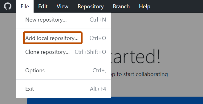 Screenshot der Menüleiste unter Windows. Das Dropdownmenü „File“ ist geöffnet, und die Option „Add local repository“ ist orange umrandet.