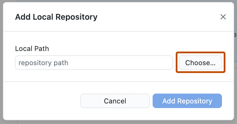 Screenshot des Fensters „Lokales Repository hinzufügen“. Neben dem Feld „repository path“ ist die Schaltfläche „Choose“ orange umrandet.