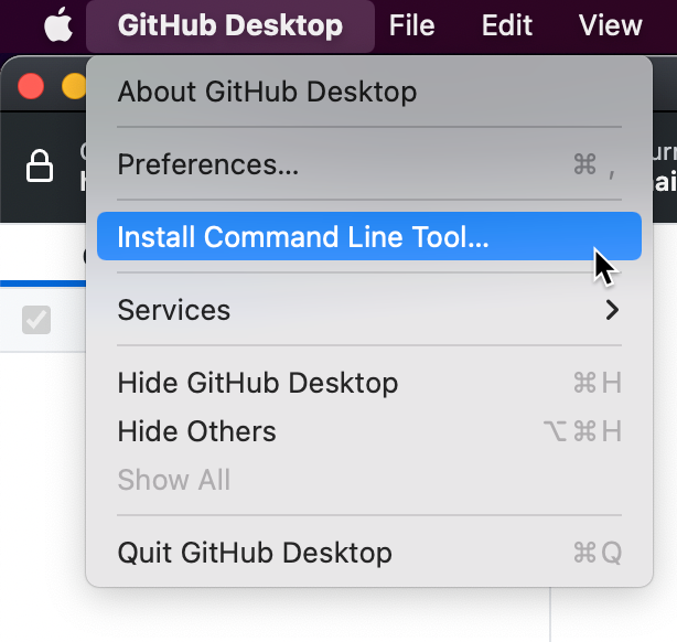 Mac 上的菜单栏的屏幕截图。 在“GitHub Desktop”下拉菜单下,“Install command line tool”选项以蓝色突出显示。