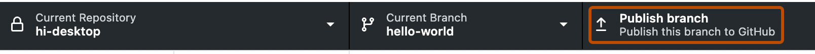 Screenshot der Repository-Leiste. Auf der rechten Seite befindet sich eine orange umrandete Schaltfläche mit der Beschriftung „Branch veröffentlichen“.