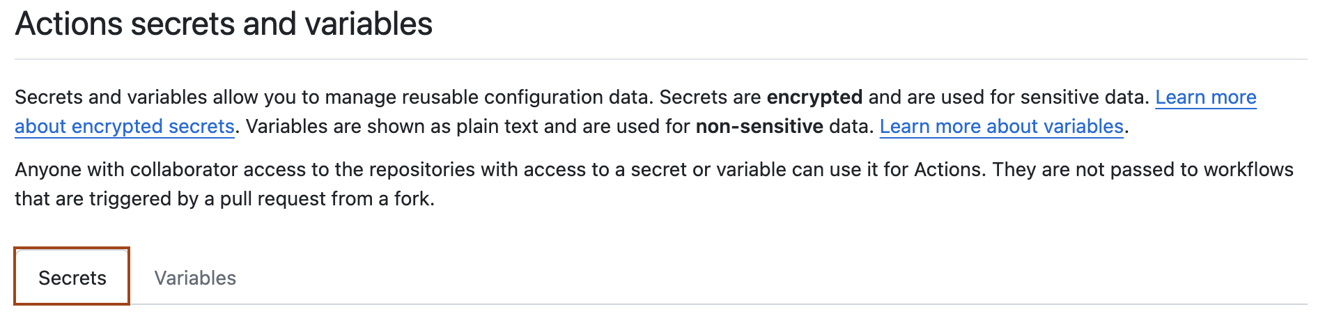 Captura de pantalla de la página "Secretos y variables de acciones". La pestaña "Secretos" se destaca en naranja oscuro.