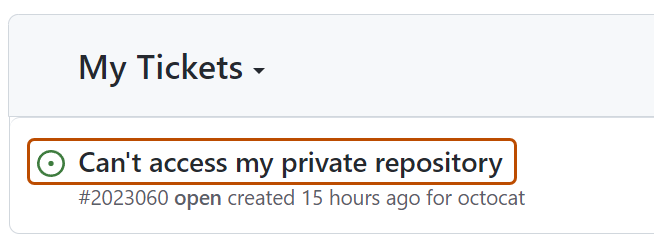 Captura de pantalla que muestra una lista de incidencias de soporte técnico. El asunto de un ticket, "No puedo acceder a mi repositorio privado", está resaltado en naranja.